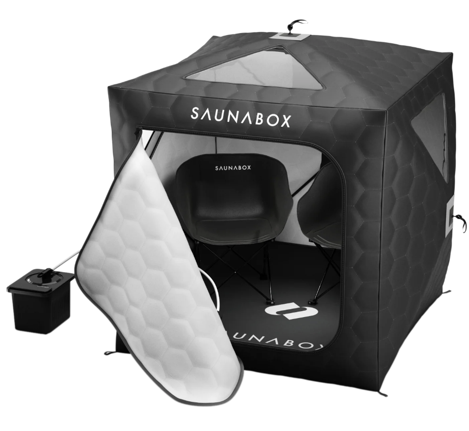 SaunaBox Go portable sauna with two chairs, designed for home sauna sessions.